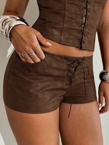 Aloruh Women's Retro Low-Waist Distressed PU Mini Shorts - Brown - View 8