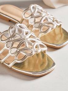 SHUZIA 女士优雅镂空花卉图案平底凉鞋 - 金色 - 查看 6