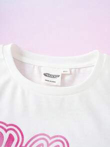 THE POWERPUFF GIRLS X SHEIN 两件套少女夏季套装，休闲卡通字母印花圆领T恤上衣和双层半裙 - 彩色 - 查看 3