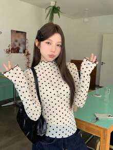 Áo thun dài tay chấm bi kiểu Hàn Quốc dành cho nữ, thích hợp mặc mùa hè. - Màu be - Xem 5