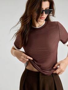 Ontre 2026 Summer White 2 Pieces T-Shirt Set Layered Design Women's Top Casual Sexy Chic Urban Commute Night Out City Break Holiday Chocolate Brown - Brown - View 6