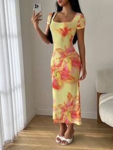 Modelyn Summer Square Neck Mermaid Ruffle Hem Bodycon Dress - Multicolor - View 3