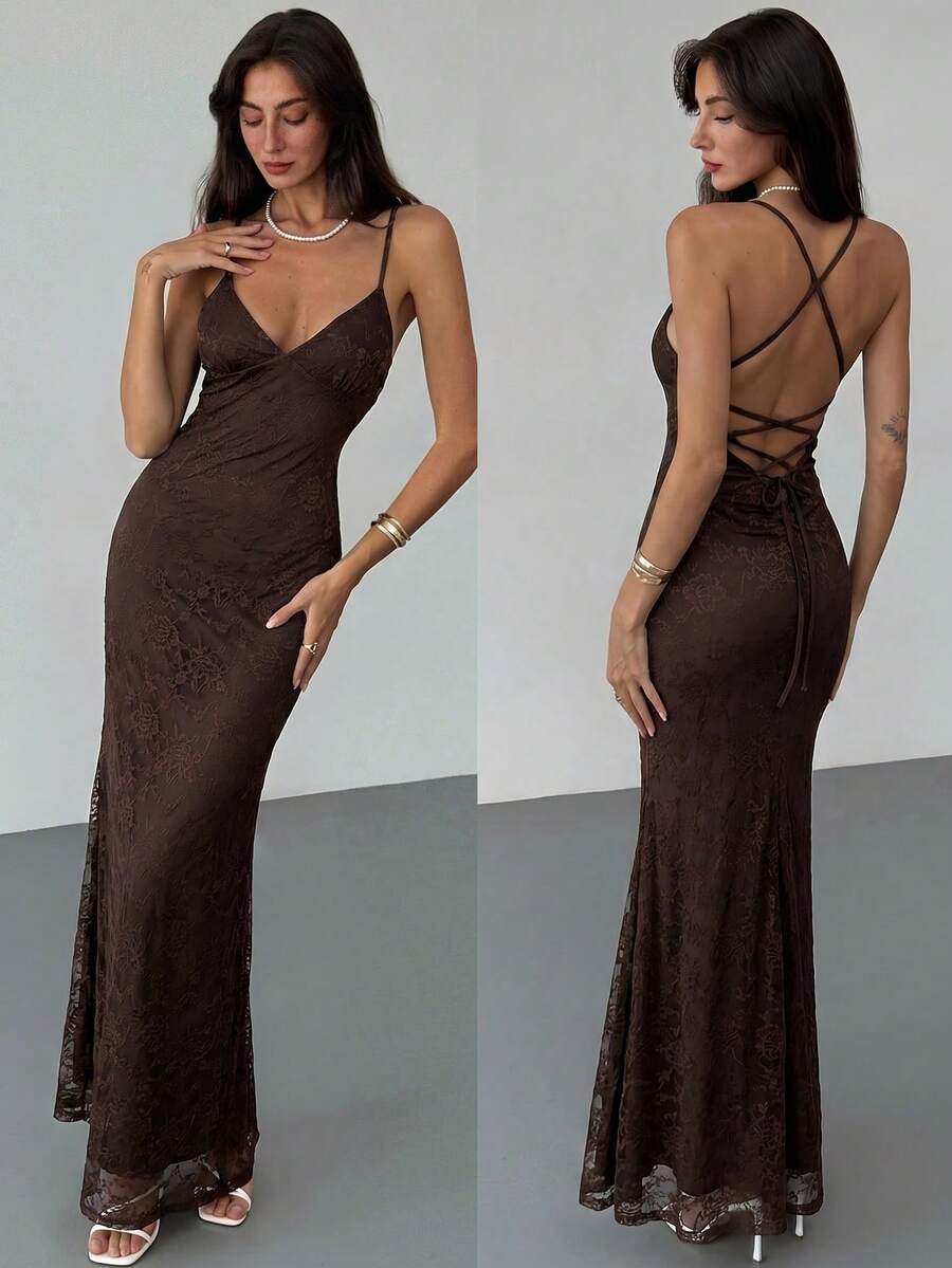 Aloruh 女士纯色露背交叉吊带连衣裙 - 咖啡 - 查看 1