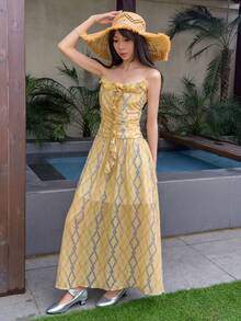 SHEIN K-Vae 女士春夏休闲格子印花雪纺连衣裙，荷叶边领吊带连衣裙，夏季度假沙滩裙 - 黃色 - 查看 3