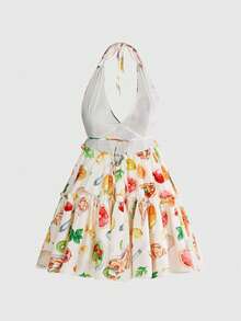 ROMWE Avant Women's Retro Vacation Style Fruit Print Halter Neck Ruffle Hem Sexy Deep V Mini Dress - Apricot - View 8