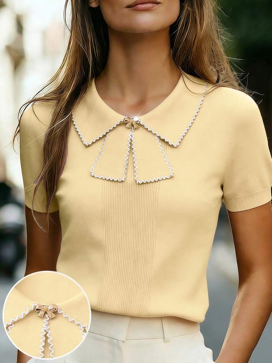 Franclia Áo dệt kim ngắn tay cổ bẻ đơn giản cho nữ, phối đen trắng, thích hợp mặc hàng ngày, mùa xuân/hè. - Màu be - Xem 1