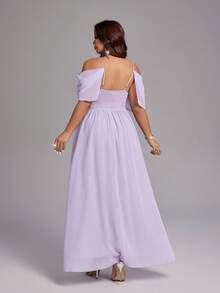 Viva Relle Vestido de gasa con hombros descubiertos y cintura fruncida en color púrpura claro para mujer talla grande, atuendo de dama de honor para boda de primavera/verano - Púrpura malva - Ver 4