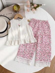 SHEIN 2件組夏季套裝，無袖荷葉邊上衣與花卉寬腿褲，適合家庭度假度假穿搭，少女服飾，春季 - 彩色 - 查看 8