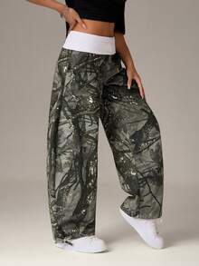 SHEIN PETITE 女士休闲时尚街头日常通勤树纹印花撞色宽腰带宽松喇叭裤 - 藍色 - 查看 4