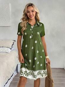 EMERY ROSE Women's Floral Print Short Sleeve Casual Comfortable Shirt Dress - Green - View 8