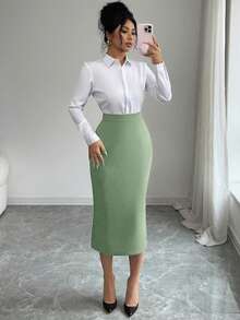 Elenzga Plus Size Women Spring/Summer Elegant Fitted Pleated Skirt - Mint Green - View 7