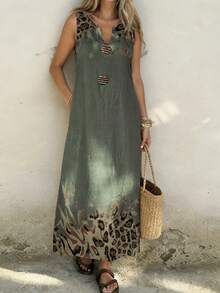 Weeklong Plus Size Women's V-Neck Sleeveless Printed Button Decor A-Line Dress, Suitable For Vacation And Daily Wear, Spring/Summer - Multicolor - View 4