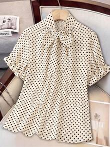 Áo kiểu nữ cỡ lớn in chấm bi, cổ bèo, tay ngắn, dáng rộng, thoải mái, thời trang, thanh lịch, ngọt ngào, phong cách retro, thích hợp cho mùa xuân/hè. - Màu be - Xem 1