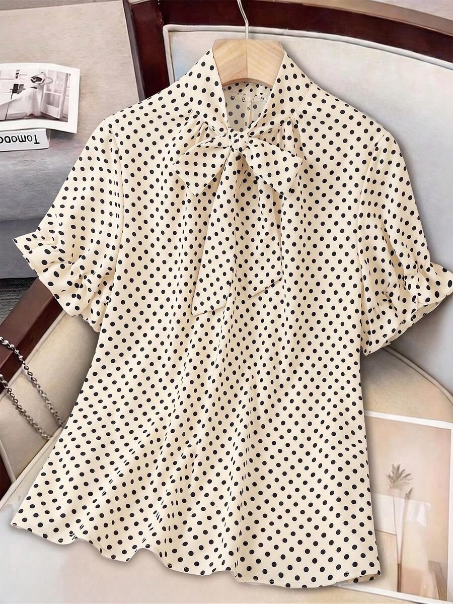 Áo kiểu nữ cỡ lớn in chấm bi, cổ bèo, tay ngắn, dáng rộng, thoải mái, thời trang, thanh lịch, ngọt ngào, phong cách retro, thích hợp cho mùa xuân/hè. - Màu be - Xem 1