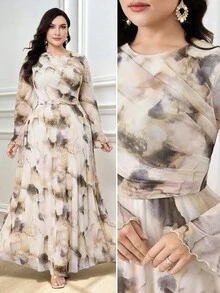 Modelyn Plus Size Women Tie-Dye Print Crew Neck Long Sleeve Elegant Maxi Dress - Apricot - View 4