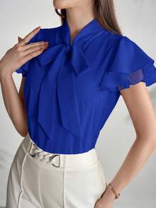 Modelyn Blus Wanita Warna Polos dengan Kerah Ikat dan Lengan Berumbai, Elegan dan Modis, Warna Biru - Biru - View 4