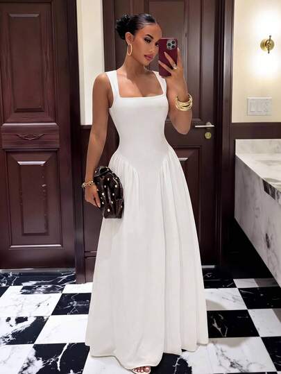 Slaydiva 优雅方领修身连衣裙，白色，适合夏季度假