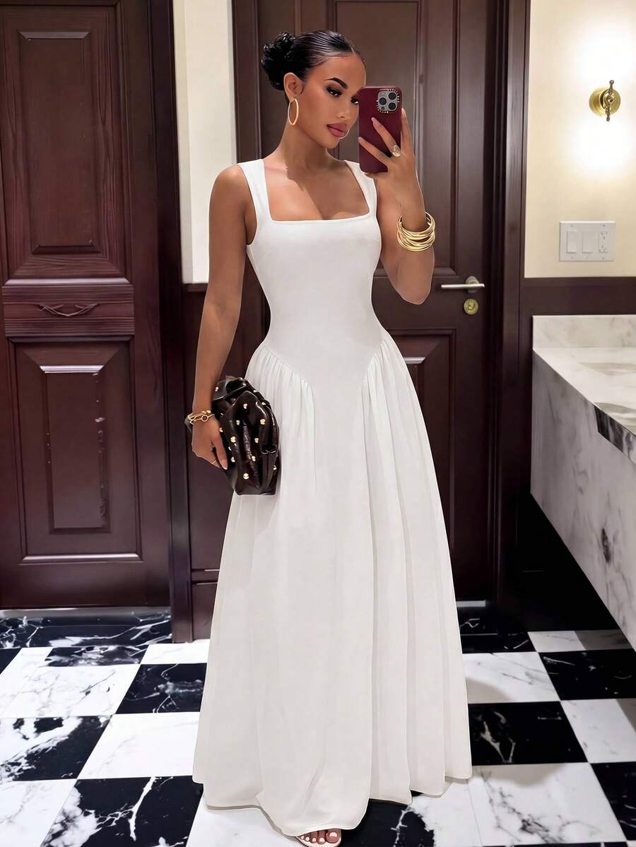 Slaydiva 优雅方领修身连衣裙，白色，适合夏季度假