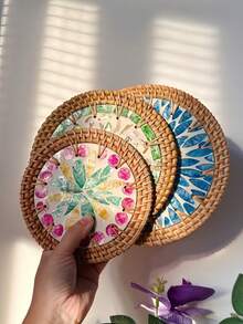 Cirelle 1pc Rattan And Mother Of Pearl Coasters, Woven Coaster Set With Shell Mosaic, Boho Heat Resistant Trivets, Decorative Round Hot Pads For Dining Table - Multicolor - View 4