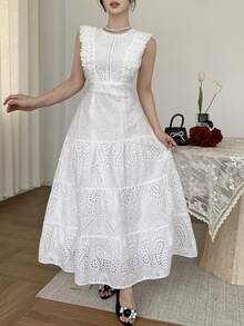 Elegant Lace White Long Dress, Casual & Suitable For Holidays, Spring/Summer - White - View 3