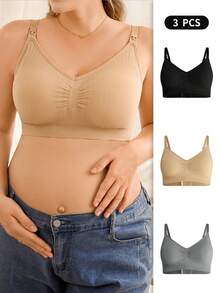 Moonlight&Mama 3pcs/Set Women's Seamless Removable Cotton Cup Plus Size Solid Color Maternity & Nursing Bras - Multicolor - View 1