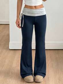 Tween Girls' Vintage Side Drawstring Y2K Flare Pants, Streetwear Versatile - Navy Blue - View 4