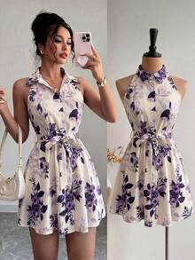 SHEIN Elenzya Abito elegante e romantico da donna con stampa floreale, vita aderente e gonna ampia senza maniche - Multicolore - Visualizzare 6