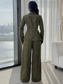 Modelyn 女式纯色简约长袖夹克和裤子两件套，休闲日常穿着 - 軍綠色 - 查看 3
