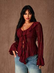 Plus Size Women's Spring Casual Solid Color V-Neck Ruffle Trim Sheer Blouse - Red - View 4
