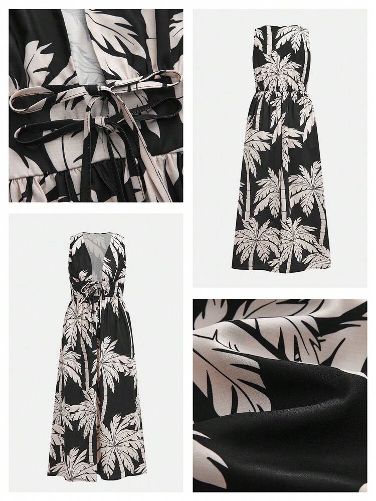 SHEIN Maija Vestido Longo MAIJA com Estampa Tropical de Palmeiras, Decote em V Profundo, Amarração e Costas Abertas