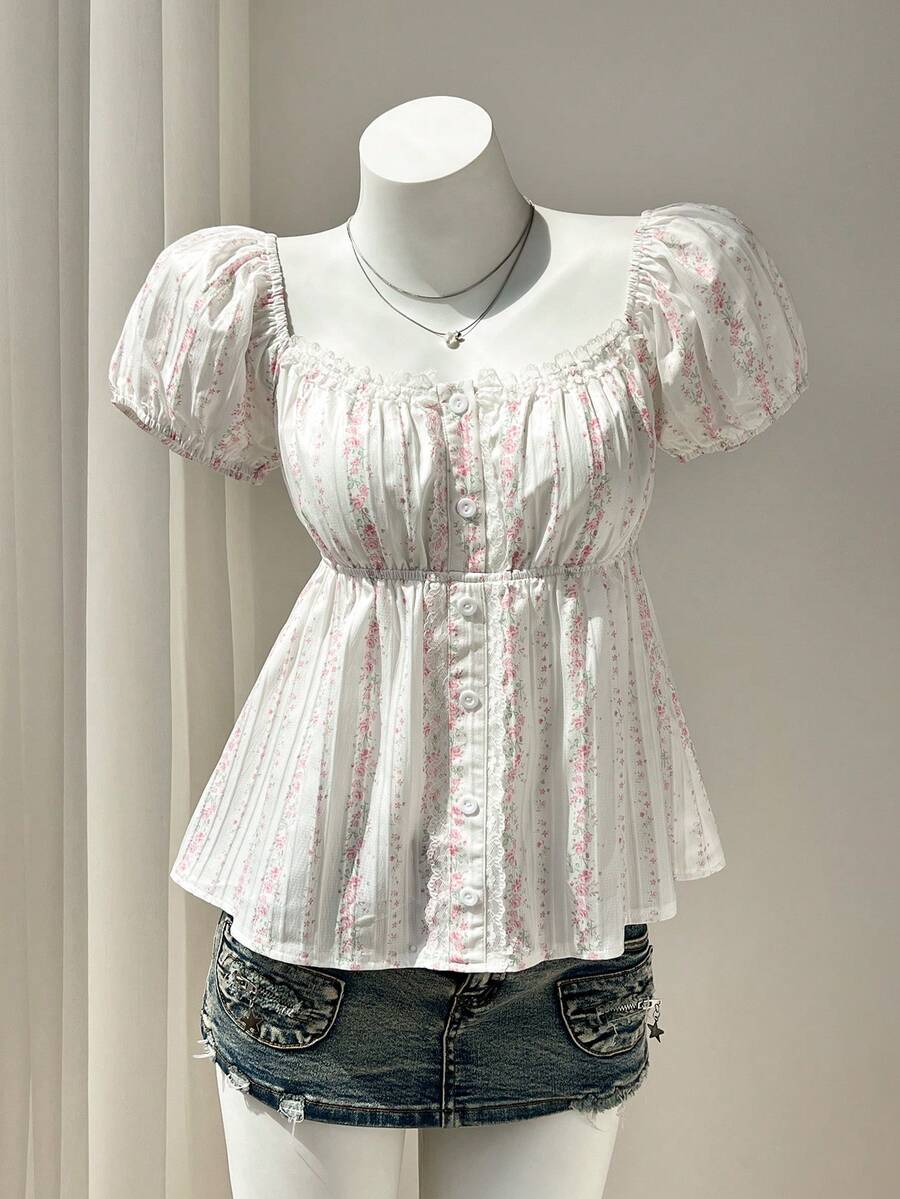 Elamini 女士白色花卉印花荷叶边领短袖衬衫,度假风,乡村风 - 白色 - 查看 1