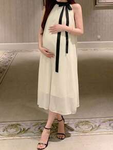 DAZY Contrast Color Patchwork Tie Sash Collar Loose Chiffon Dress, Sleeveless, Elegant Maternity Dress For Spring & Summer Sun Dresses For Women - White - View 11