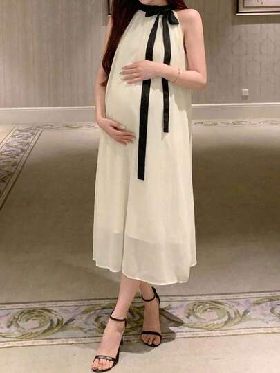 DAZY 撞色拼接系带领宽松雪纺连衣裙，无袖，优雅孕妇装，适合春夏穿着