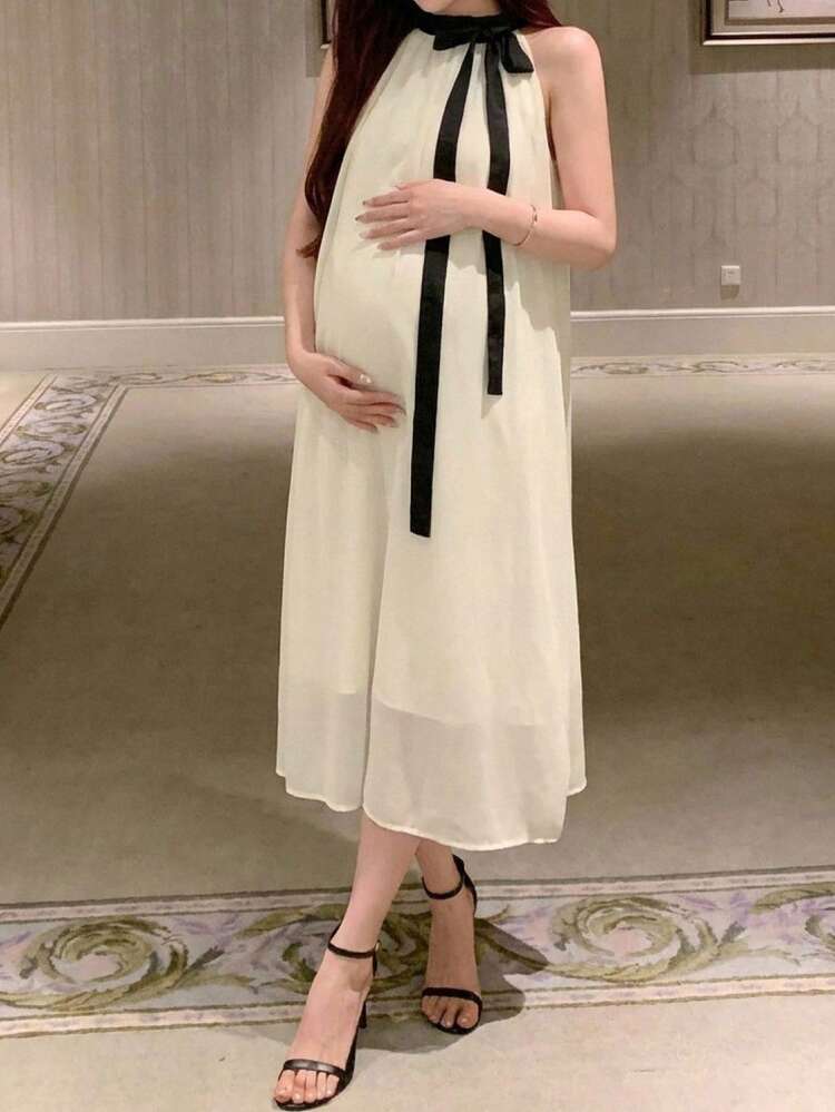 Contrast Color Patchwork Tie Sash Collar Loose Chiffon Dress, Sleeveless, Elegant Maternity Dress For Spring & Summer