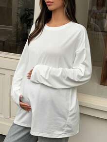 Áo thun bầu tay dài cổ tròn, đa năng, dáng rộng, màu trắng, thích hợp mặc hàng ngày. - trắng - Xem 8