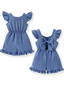 Elladie kids Mono informal de moda para niñas con manga de lazo, mono efecto denim para niñas jóvenes, mono versátil para niñas - Azul - Ver 3