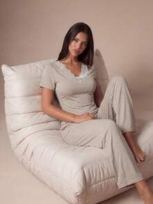 Lazeform Women's Solid Color Lace Patchwork V-Neck Short Sleeve Pajama Set - Khaki - View 3