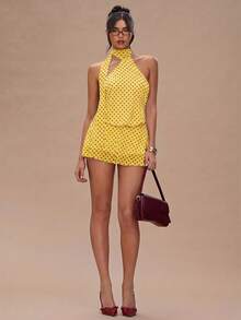 SHEIN BAE Đầm không tay in họa tiết chấm bi dành cho nữ - Màu vàng ngỗng - Xem 3