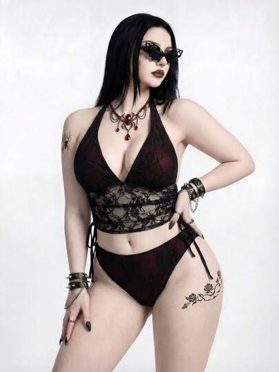 ROMWE Goth Plus Size Women Lace Patchwork Halter Tankini Top And Triangle Bottoms Swimwear Set, Suitable For Summer Vacation