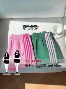 SHEIN Tall CURVE 大尺碼女款綠色夏季休閒健身短褲，高個女孩拼接條紋彈性高腰短褲，優雅老錢風度假風 - 彩色 - 查看 1