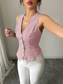 Elenzga Women's Minimalist Striped Single-Breasted Casual Vest, Suitable For Commuting & Dating - Red - View 6