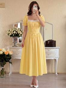 Glamine Charm Đầm maxi nữ thắt eo, tay phồng, phối ren hoa, họa tiết hoa. - Màu vàng - Xem 8