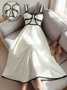 Lyxana Women's Elegant Bow Decor Spaghetti Strap Dress Party Summer - Beige - View 1