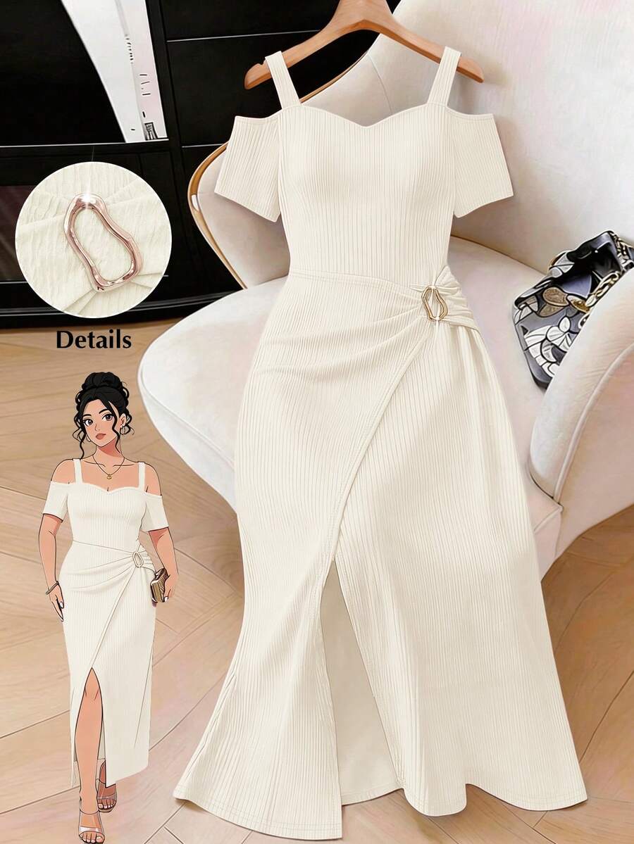Elenzga Elegantes Kleid mit Schulterausschnitt und Schlitz für Damen in Große Größen - Aprikosenfarben - Übersicht 1