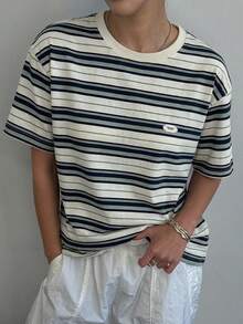 DAZY Casual Sports Summer Top, Colorblock Striped Loose Short Sleeve Round Neck T-Shirt For Women - Blue - View 5