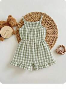 Baby Girl Plaid Ruffle Casual Jumpsuit Romper For Summer Everyday Wear - Green - View 1