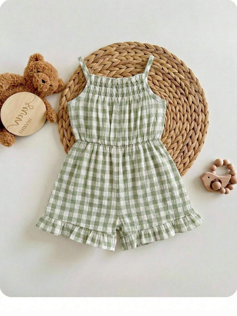 Baby Girl Plaid Ruffle Casual Jumpsuit Romper For Summer Everyday Wear - Green - View 1