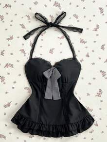 SHEIN Unity Women's Solid Color Bow Decor Halter Top - Black - View 3