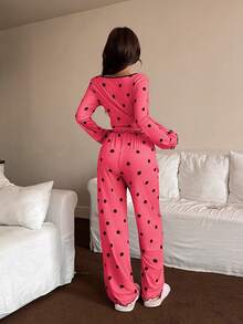 Napfluff Bộ đồ ngủ nữ dài tay và quần in họa tiết chấm bi, kiểu dáng thường ngày. - Màu Hồng Tươi - Xem 2