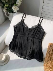 Comfortcana Plus Size Women's Solid Color Lace Ruffle Hem Casual Camisole, Spring/Summer, Outdoor Top, Black - Black - View 4